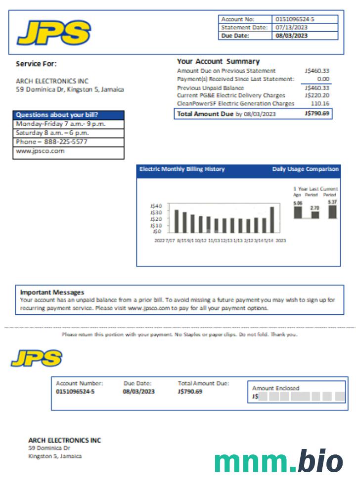 Jamaica Public Service Co Ltd (JPS) electricity rachunek za usługi komunalne